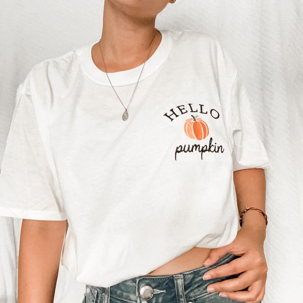 Custom Embroidered Hello Pumpkin Tee Shirt